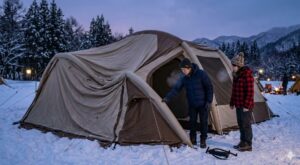 冬の寒暖差で空気が収縮しテントがしぼむ現象