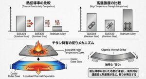 ステンレスとチタンの熱伝導率による変形リスクの比較