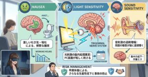 激しい吐き気や光過敏を伴う症状と業務への支障