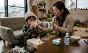 咳や鼻水などの風邪症状があるか状態を確認する